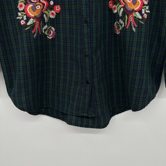 Few Moda Top Shirt Blouse Size Small Embroidered Blue Plaid Floral Long Sleeve - Picture 6 of 9